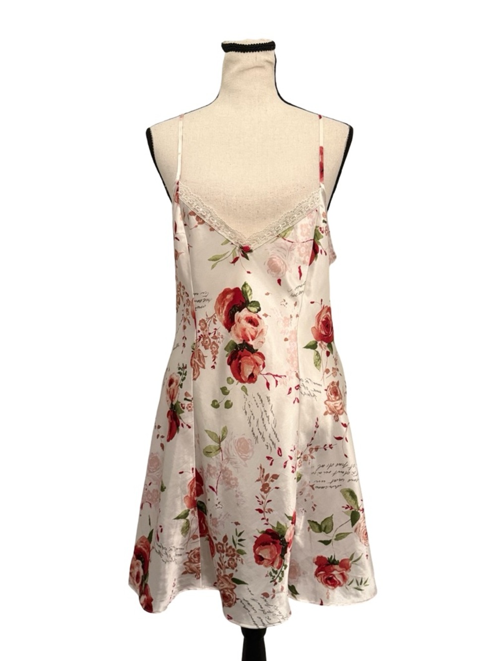 Delicates Floral Satin Slip Dress Small Lace Trim Open Back Lingerie Chemise